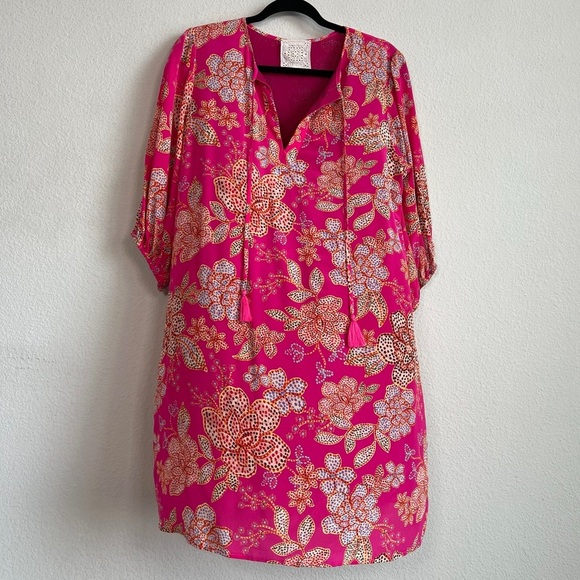 Johnny Was Vesna Pink Floral Print Short Sleeve Silk Mini Dress Size Small - Picture 2 of 9
